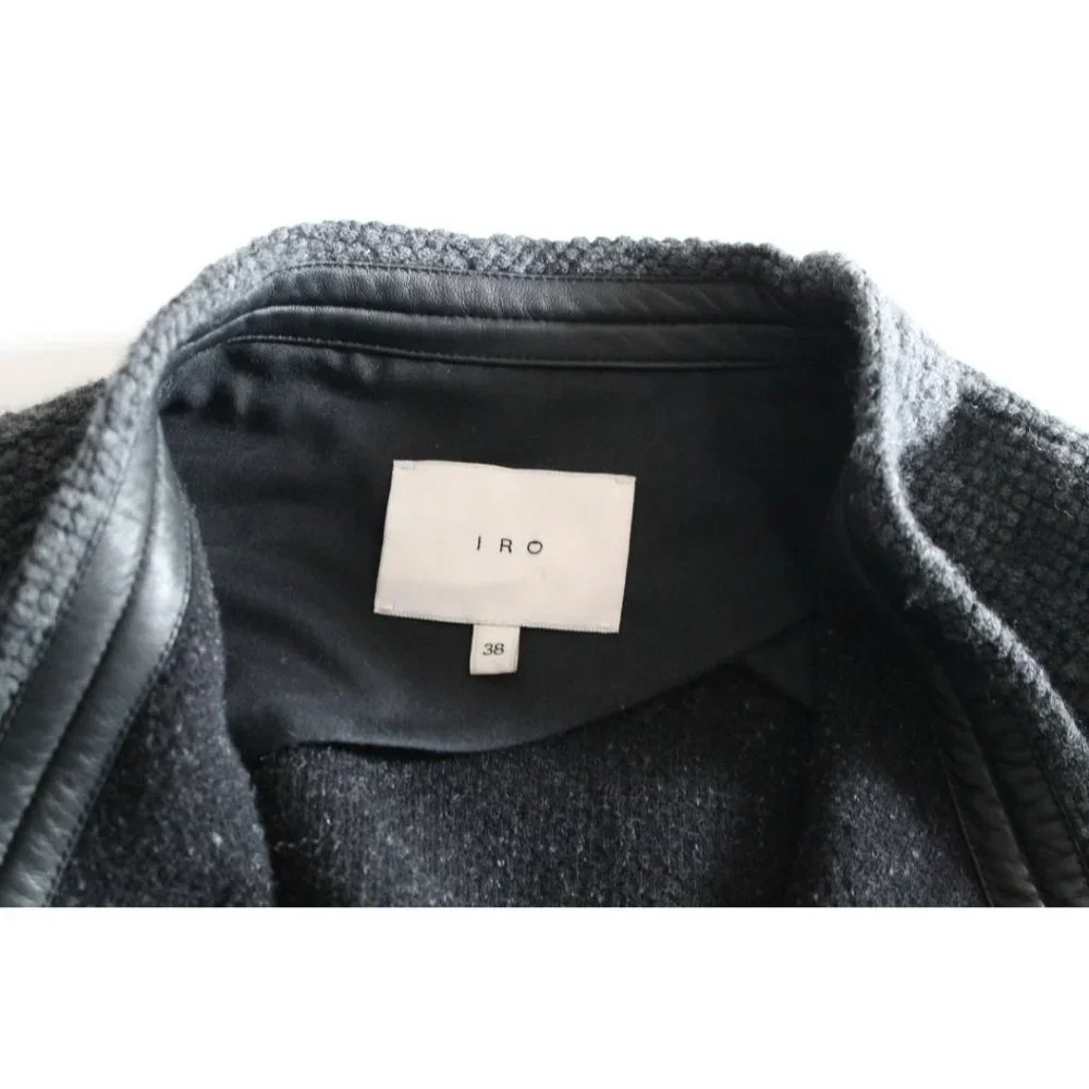 IRO Cooley Tweed Belted Jacket Grey Size 38 Medium Wool Lamb Leather Trim - Picture 8 of 8